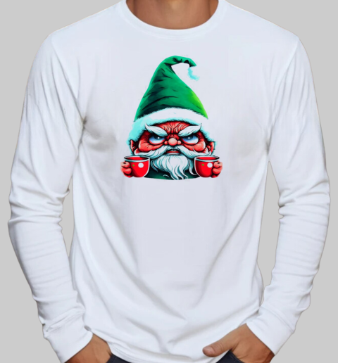 Angry Gnome Holding Cups of Coffee T-Shirt Long Sleeved T-shirt 