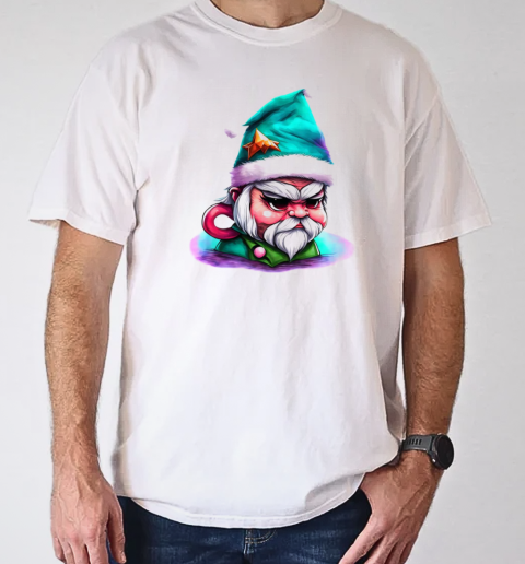 Black and White Cartoon Gnome Wearing Elf Hat T-Shirt