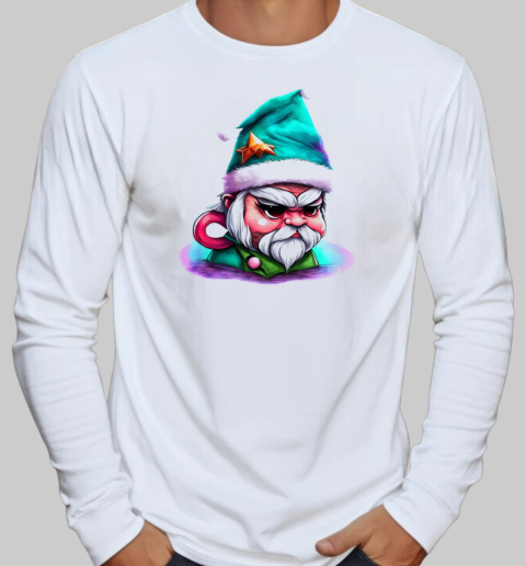 Black and White Cartoon Gnome Wearing Elf Hat T-Shirt Long Sleeved T-shirt 