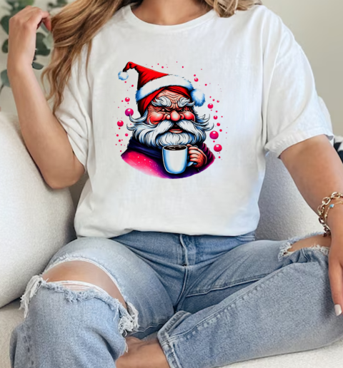 Black and White Drawing of Santa Claus with Coffee Cup and Festive Atmosphere T-Shirt Classic Women's T-shirt