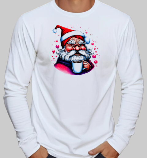 Black and White Drawing of Santa Claus with Coffee Cup and Festive Atmosphere T-Shirt Long Sleeved T-shirt 