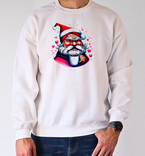 Black and White Drawing of Santa Claus with Coffee Cup and Festive Atmosphere T-Shirt Unisex Sweatshirt