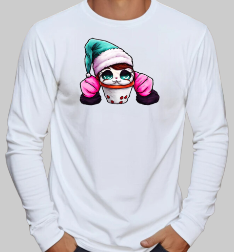 Cartoon Cat with Hats and Mittens T-Shirt Long Sleeved T-shirt 