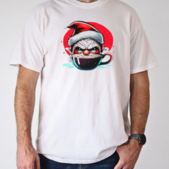 Cartoon Character Enjoying Hot Cocoa in a Santa Hat T-Shirt