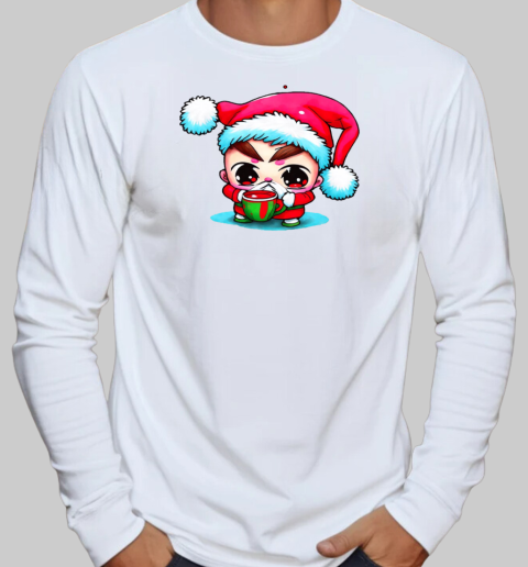 Cartoon Character Wearing Santa Claus Hat Drinking Iced Coffee T-Shirt Long Sleeved T-shirt 