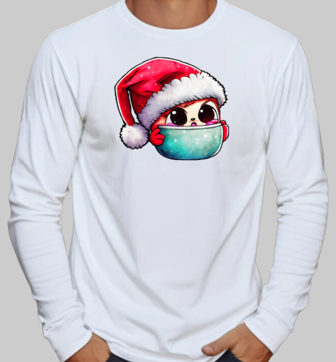 Cartoon Character in Santa Hat Sitting in a Bowl T-Shirt Long Sleeved T-shirt 