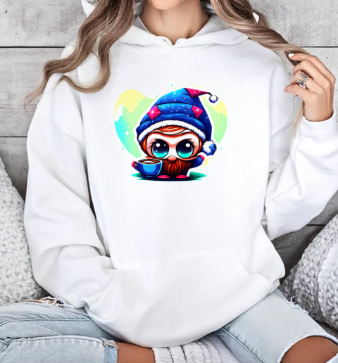 Cartoon Character with Elf Hat and Coffee T-Shirt Unisex Hoodie