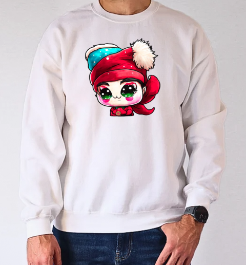 Cartoon Character with Red Hat and Green Eyes in front of Christmas Tree T-Shirt Unisex Sweatshirt