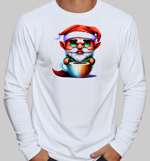 Cartoon Elf in Coffee Cup T-Shirt Long Sleeved T-shirt 