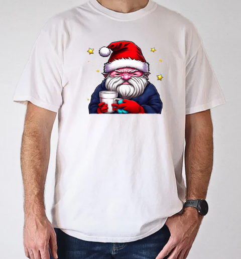 Cartoon Santa Claus with Coffee Cup and Stars T-Shirt