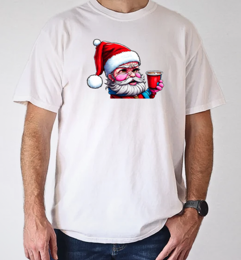 Cartoon Santa Claus with Iced Coffee Cup T-Shirt