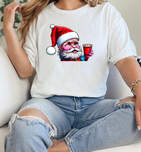 Cartoon Santa Claus with Iced Coffee Cup T-Shirt Classic Women's T-shirt