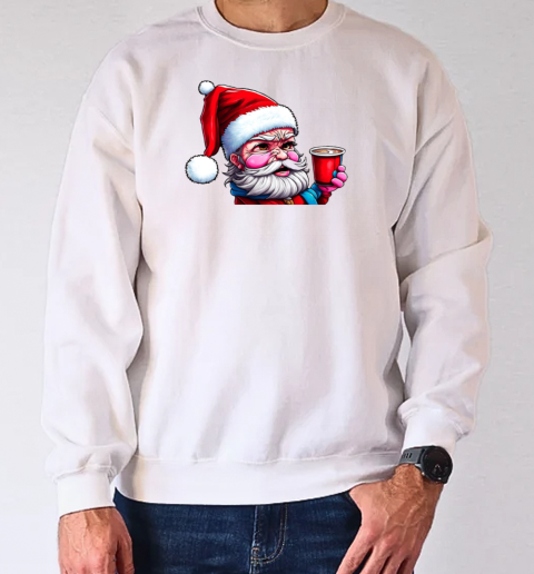 Cartoon Santa Claus with Iced Coffee Cup T-Shirt Unisex Sweatshirt