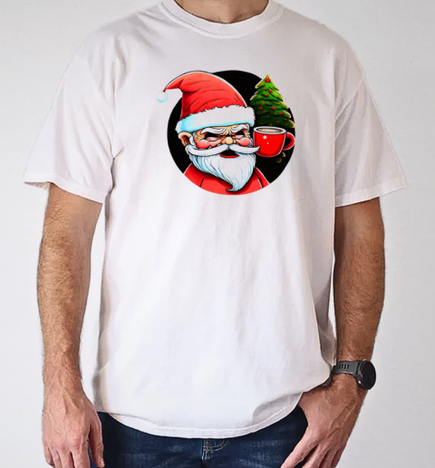 Cartoon Santa Claus with Iced Coffee and Christmas Trees T-Shirt