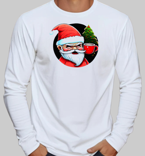 Cartoon Santa Claus with Iced Coffee and Christmas Trees T-Shirt Long Sleeved T-shirt 