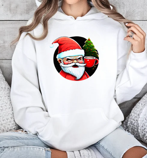 Cartoon Santa Claus with Iced Coffee and Christmas Trees T-Shirt Unisex Hoodie