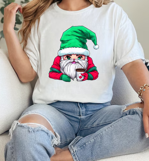 Cartoon Santa Claus with Merry Christmas Hat Holding Iced Coffee T-Shirt Classic Women's T-shirt