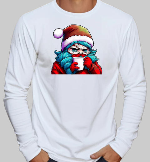 Cartoon Santa Claus with a Coffee Cup T-Shirt Long Sleeved T-shirt 