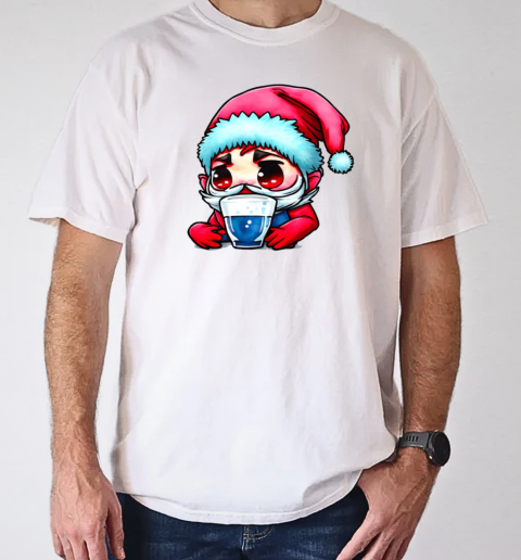 Cartoon Santa with Red Hat and Blue Beard Drinking from Empty Glass T-Shirt