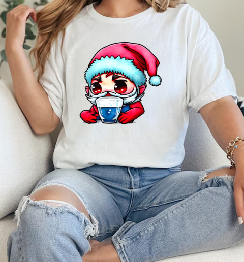 Cartoon Santa with Red Hat and Blue Beard Drinking from Empty Glass T-Shirt Classic Women's T-shirt