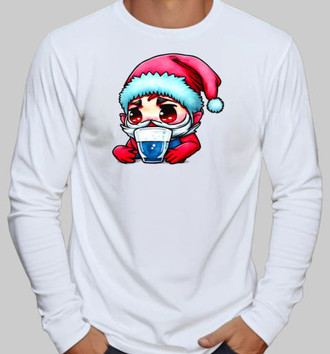 Cartoon Santa with Red Hat and Blue Beard Drinking from Empty Glass T-Shirt Long Sleeved T-shirt 