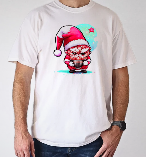 Cartoon character wearing Santa Claus and drinking coffee T-Shirt