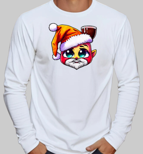 Cartoon character wearing Santa Claus hat and holding mug of hot chocolate T-Shirt Long Sleeved T-shirt 