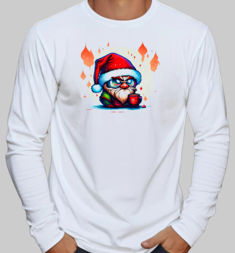 Cartoon character wearing Santa hat and glasses with a red cup T-Shirt Long Sleeved T-shirt 