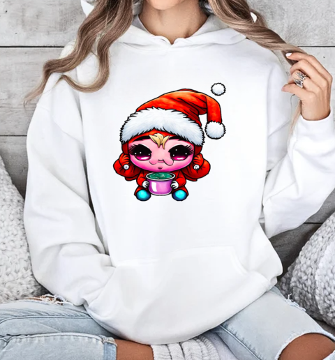 Cartoon character wearing santa claus hat and drinking coffee T-Shirt Unisex Hoodie