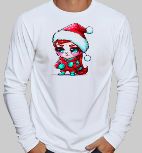 Cartoon girl dressed as Santa Claus T-Shirt Long Sleeved T-shirt 