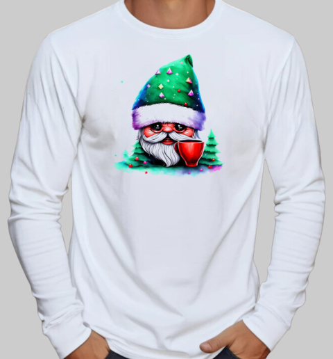 Cartoon gnome with red cup in front of trees T-Shirt Long Sleeved T-shirt 