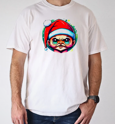 Colorful Drawing of an Attractive Young Man with Santa Hat and Mustache T-Shirt