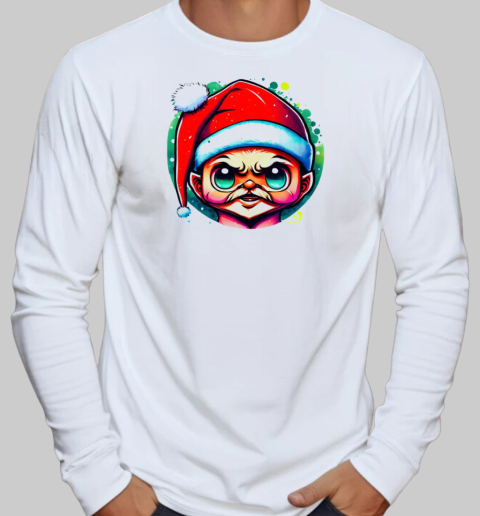 Colorful Drawing of an Attractive Young Man with Santa Hat and Mustache T-Shirt Long Sleeved T-shirt 