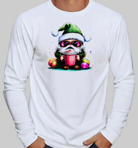 Cute Santa Claus with sunglasses and iced coffee T-Shirt Long Sleeved T-shirt 