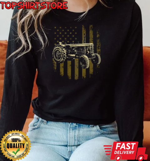 Farmer America Flag Tractor T-Shirt Long Sleeved T-shirt 