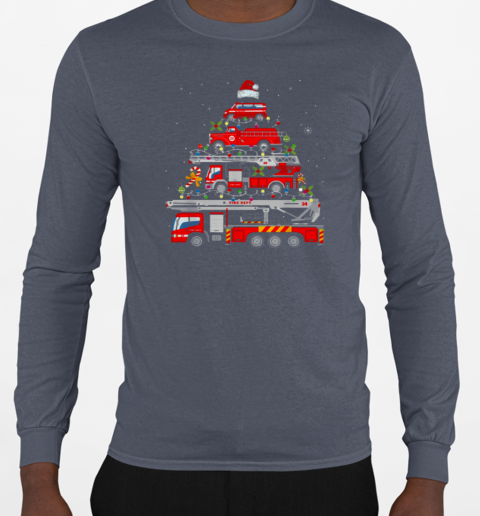 Fire Truck Arrange Christmas Tree Christmas Firefighter T-Shirt Long Sleeved T-shirt 