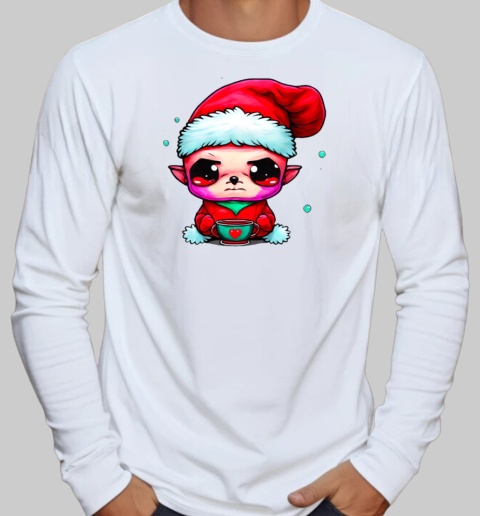 Funny Elf with Santa Claus Hat and Iced Coffee T-Shirt Long Sleeved T-shirt 