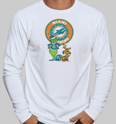 Grinch And Max Miami Dolphins Merry Christmas 2024 T-Shirt Long Sleeved T-shirt 