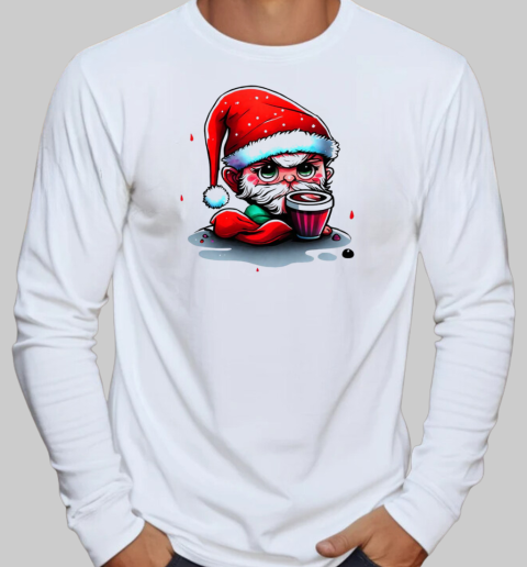 Humorous Cartoon Character with Santa Hats and Alcoholic Drink T-Shirt Long Sleeved T-shirt 