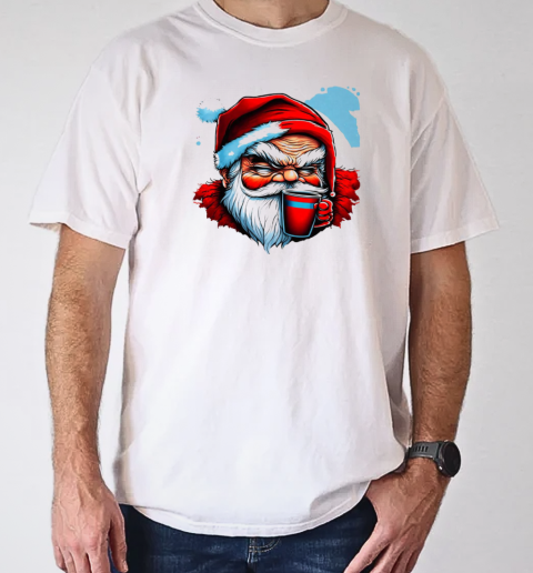 Illustration of Santa Claus Holding a Red Cup T-Shirt