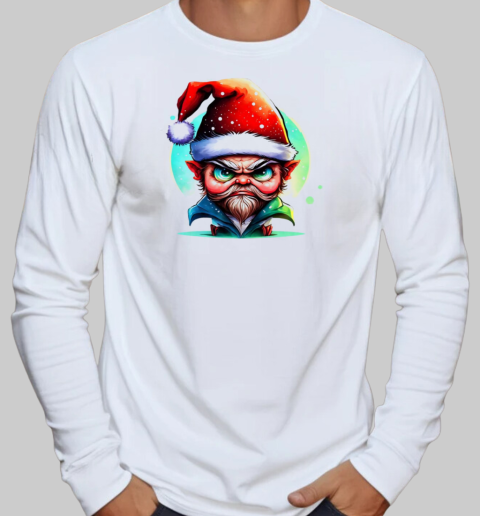 Illustration of a Cartoon Elf with Santa Hat and Snowflakes T-Shirt Long Sleeved T-shirt 