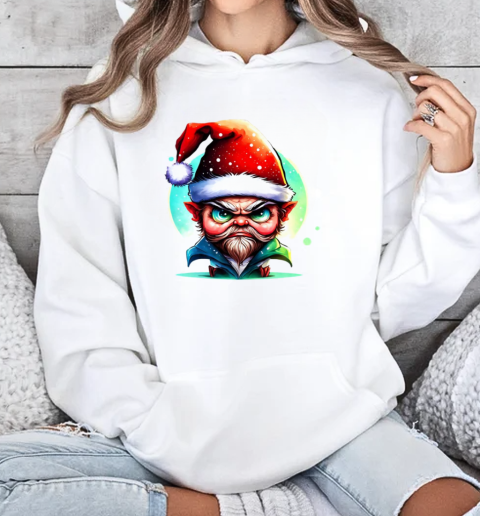 Illustration of a Cartoon Elf with Santa Hat and Snowflakes T-Shirt Unisex Hoodie