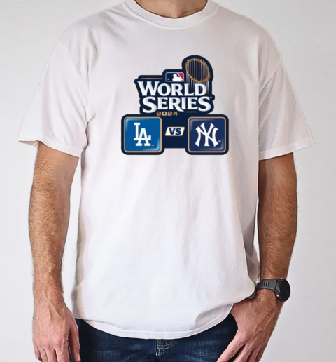 Los Angeles Dodgers vs. New York Yankees Dueling 2024 World Series Lapel Logo T-Shirt