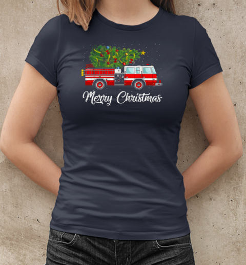 Merry Christmas Fire Truck Carrying Christmas Tree Christmas Firefighter T-Shirt Classic Women's T-shirt