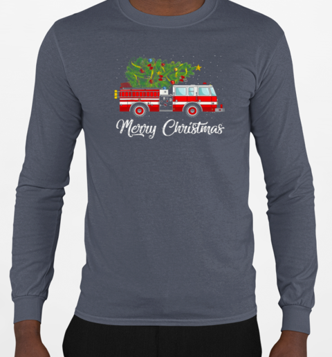 Merry Christmas Fire Truck Carrying Christmas Tree Christmas Firefighter T-Shirt Long Sleeved T-shirt 