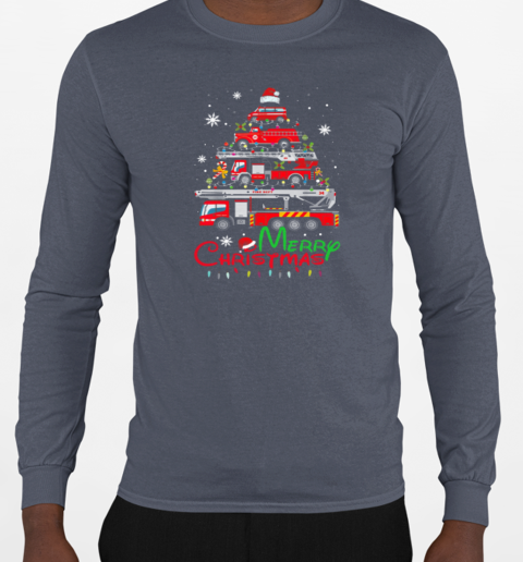 Merry Christmas Firetruck Tree Christmas Firefighter T-Shirt Long Sleeved T-shirt 