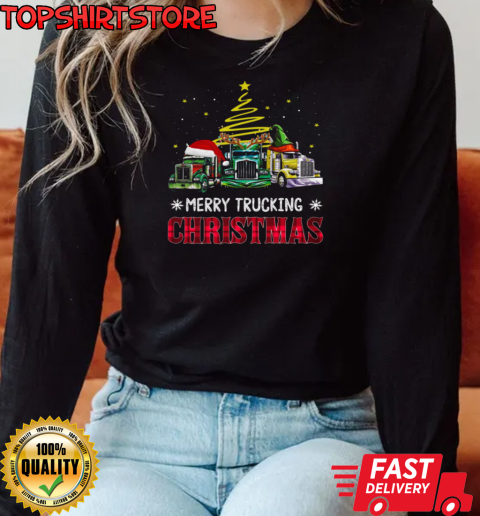 Merry Trucking Christmas Three Truck Wearing Hat T-Shirt Long Sleeved T-shirt 