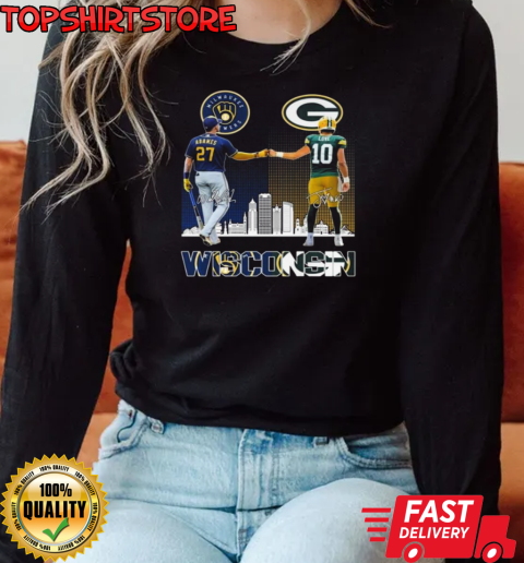 Milwaukee Brewers 2024 Willy Adames Green Bay Packers Jordan Love Signatures T-Shirt Long Sleeved T-shirt 