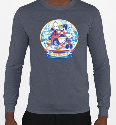 Peanuts a snowy winter scene with Charlie Brown Snoopy and Woodstock holiday snow globe T-Shirt Long Sleeved T-shirt 