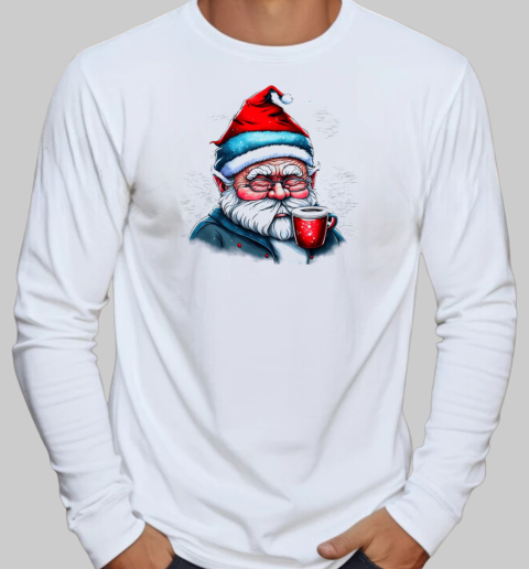 Santa Claus Drinking Coffee with Glasses T-Shirt Long Sleeved T-shirt 